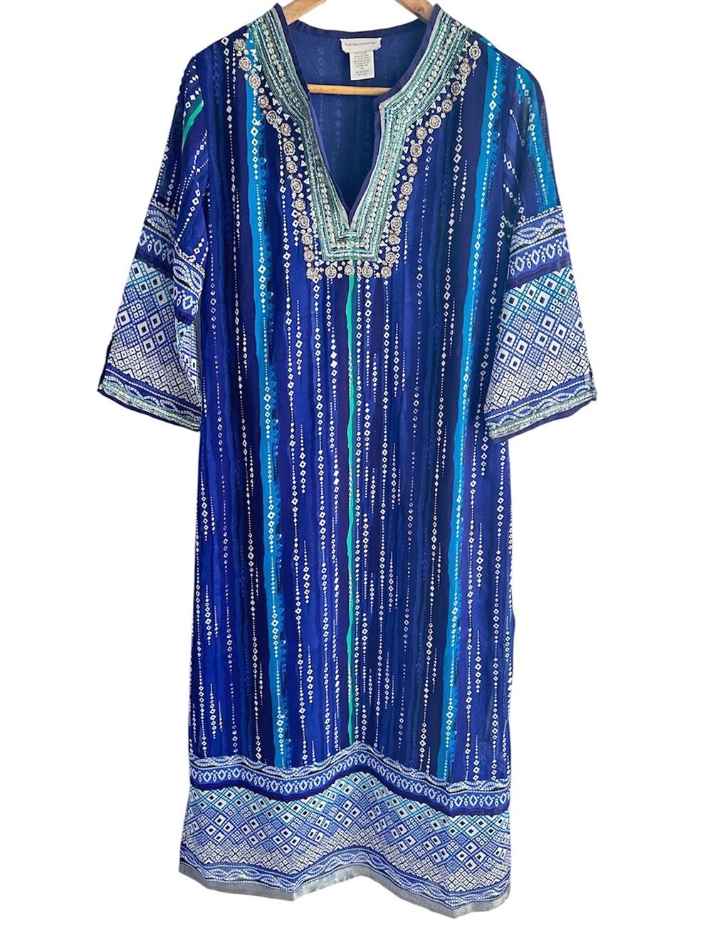 Soft Surroundings Size  Small Petite Blue Sequined Beaded Kaftan Maxi Dress